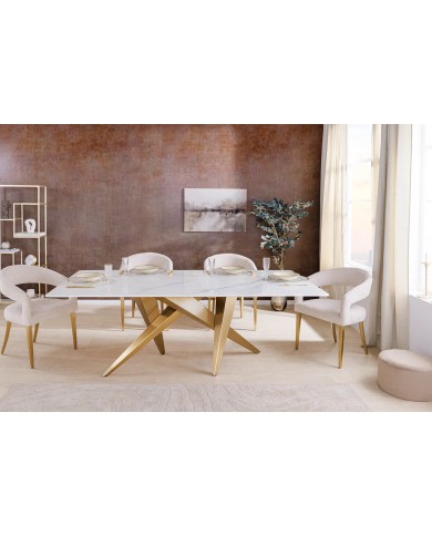 Table à manger 200 cm plateau marbre blanc et pieds dorés CELENIA