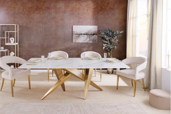 Table à manger 200 cm plateau marbre blanc et pieds dorés CELENIA