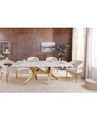 Table à manger 200 cm plateau marbre blanc et pieds dorés CELENIA
