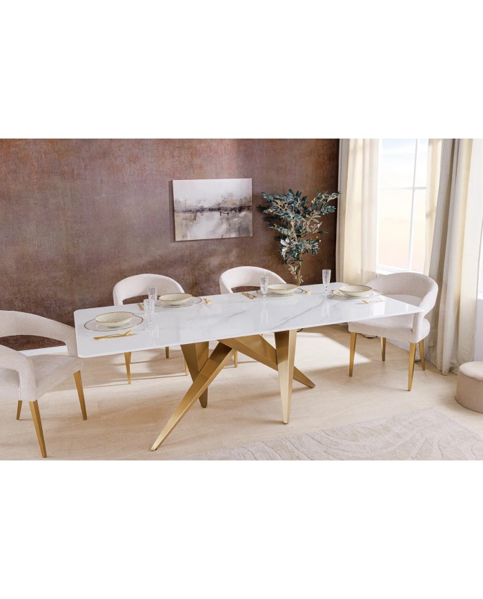 Table à manger 200 cm plateau marbre blanc et pieds dorés CELENIA