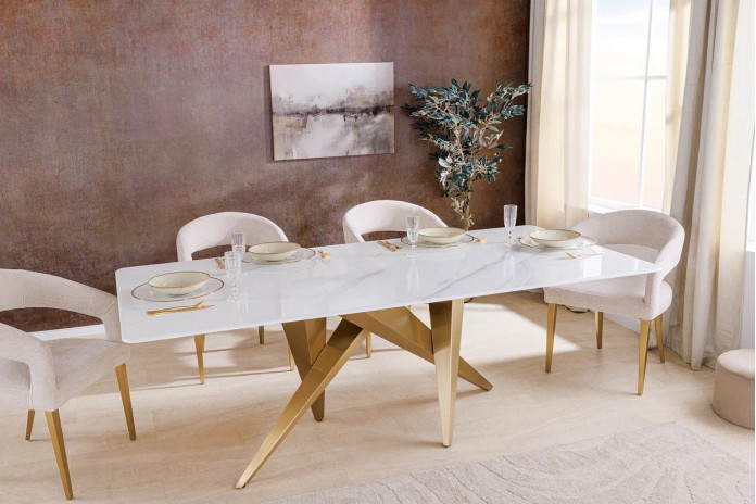 Table à manger 200 cm plateau marbre blanc et pieds dorés CELENIA