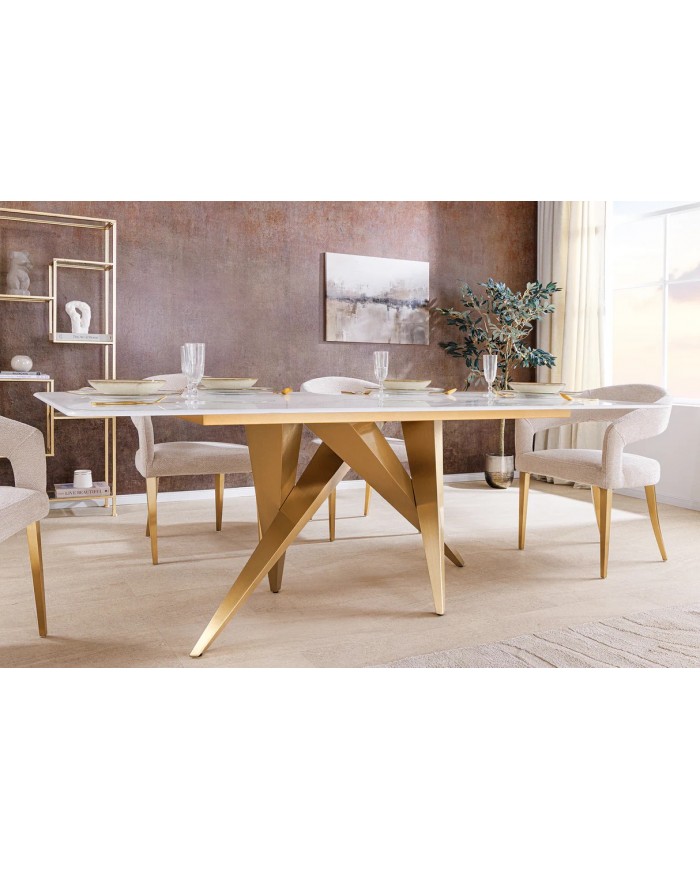 Table à manger 200 cm plateau marbre blanc et pieds dorés CELENIA