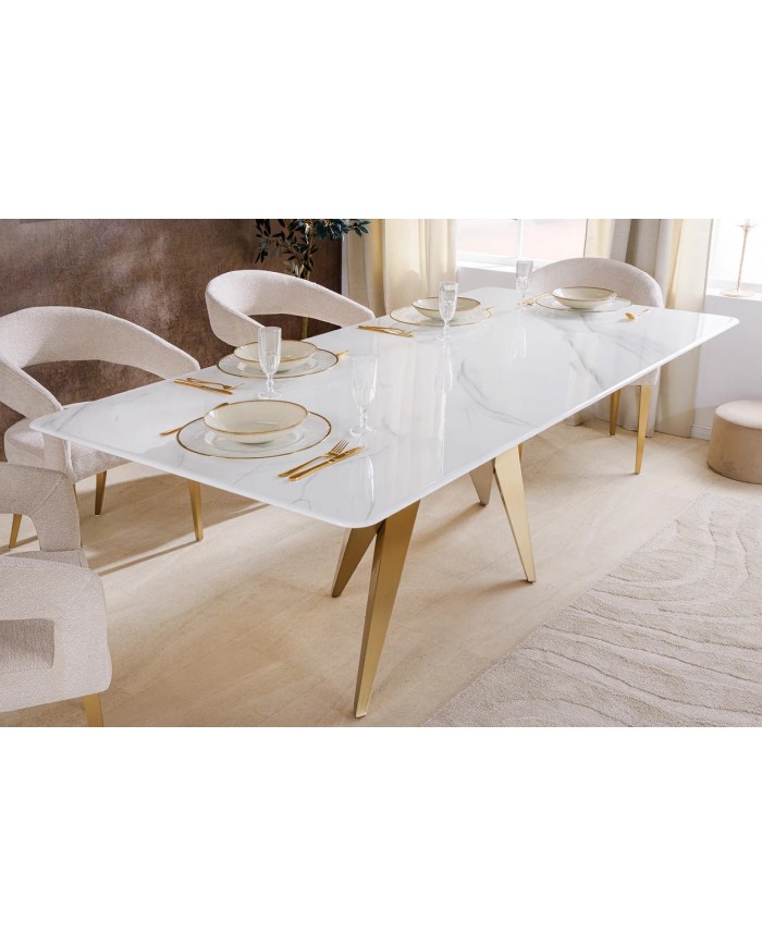 Table à manger 200 cm plateau marbre blanc et pieds dorés CELENIA