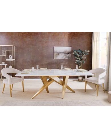 Table à manger 200 cm plateau marbre blanc et pieds dorés CELENIA