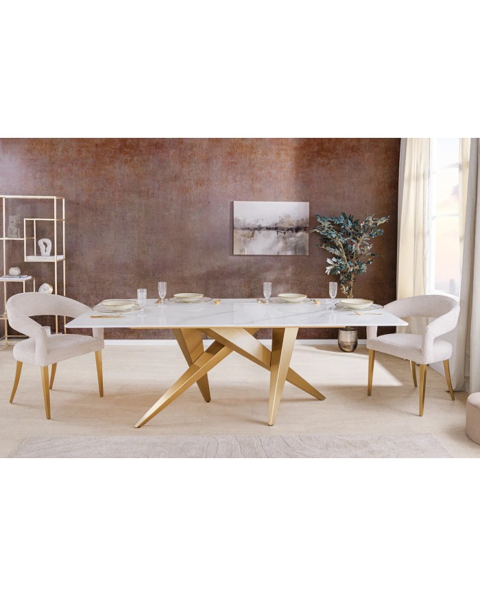 Table à manger 200 cm plateau marbre blanc et pieds dorés CELENIA