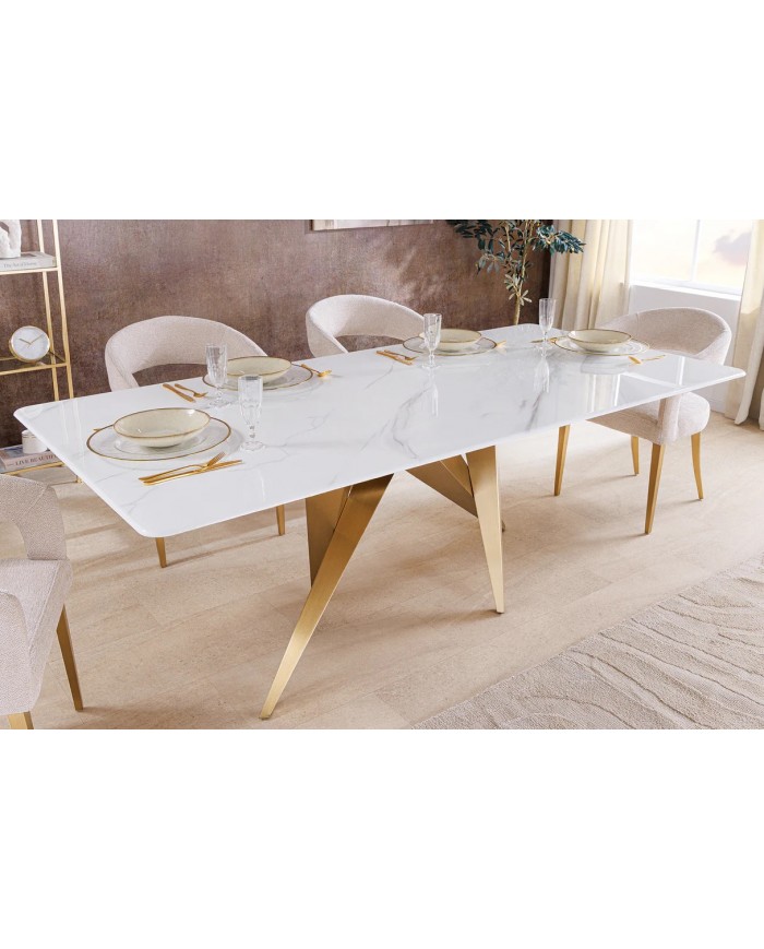 Table à manger 200 cm plateau marbre blanc et pieds dorés CELENIA