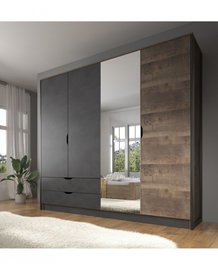 Armoire penderie étagères 4 portes 2 tiroirs miroir et LEDs 220 cm HAVEN