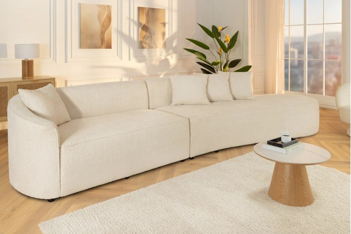 Canapé design XXL HORIZON 340 cm en tissu bouclé beige – Grand confort et style moderne