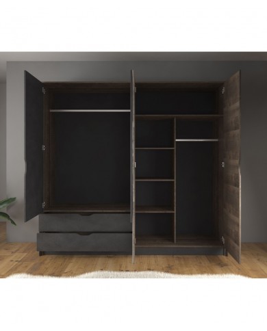 Armoire penderie étagères 4 portes 2 tiroirs miroir et LEDs 220 cm HAVEN