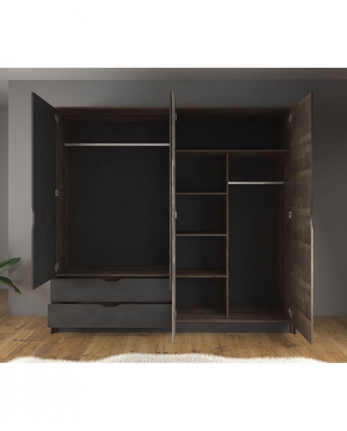 Armoire penderie étagères 4 portes 2 tiroirs miroir et LEDs 220 cm HAVEN