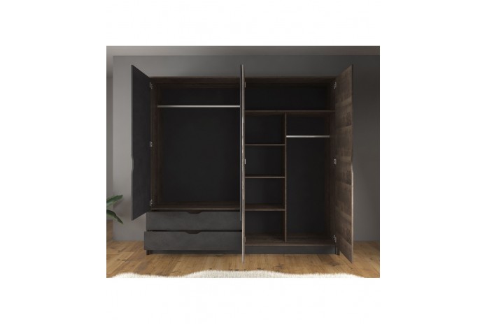 Armoire penderie étagères 4 portes 2 tiroirs miroir et LEDs 220 cm HAVEN