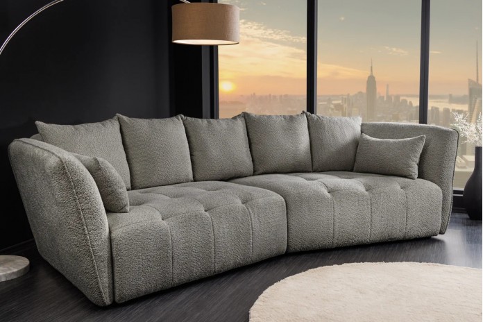 Canapé XL MAJESTA 295 cm en tissu bouclé gris – Déhoussable, avec ressorts ensachés pour un confort premium