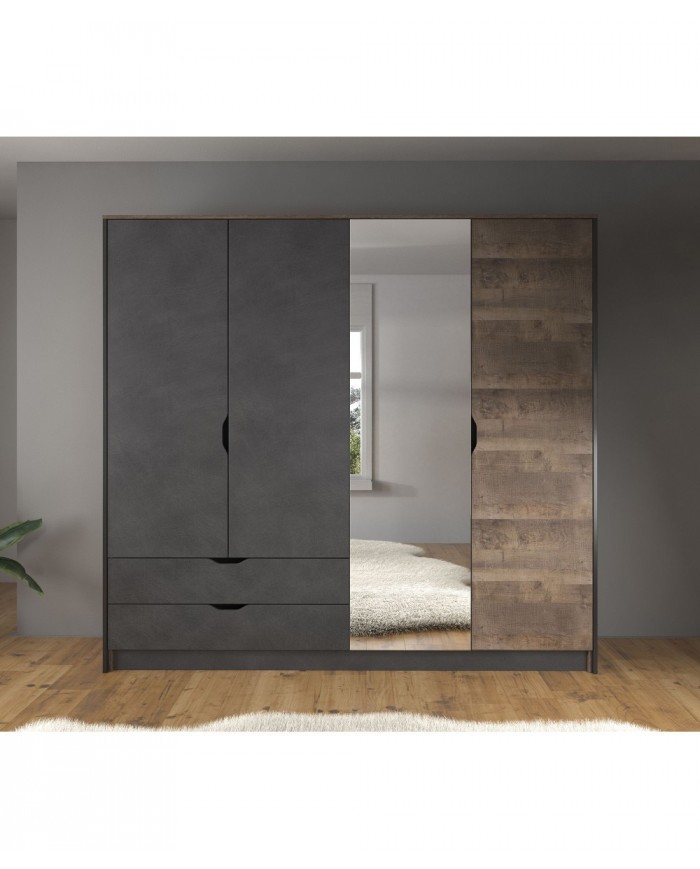 Armoire penderie étagères 4 portes 2 tiroirs miroir et LEDs 220 cm HAVEN