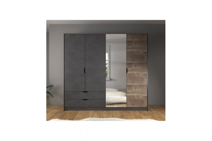 Armoire penderie étagères 4 portes 2 tiroirs miroir et LEDs 220 cm HAVEN