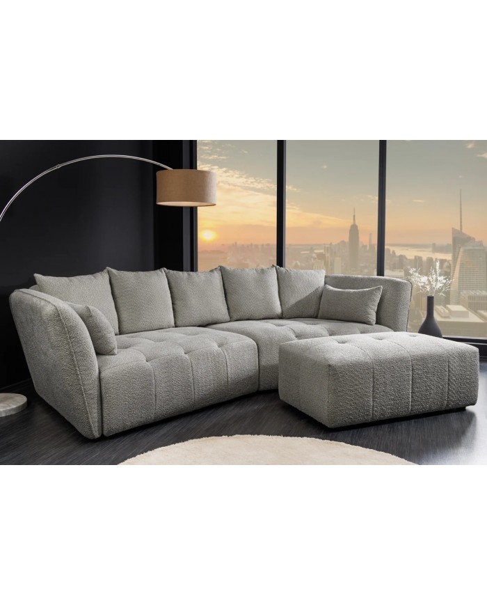 Canapé XL MAJESTA 295 cm en tissu bouclé gris – Déhoussable, avec ressorts ensachés pour un confort premium