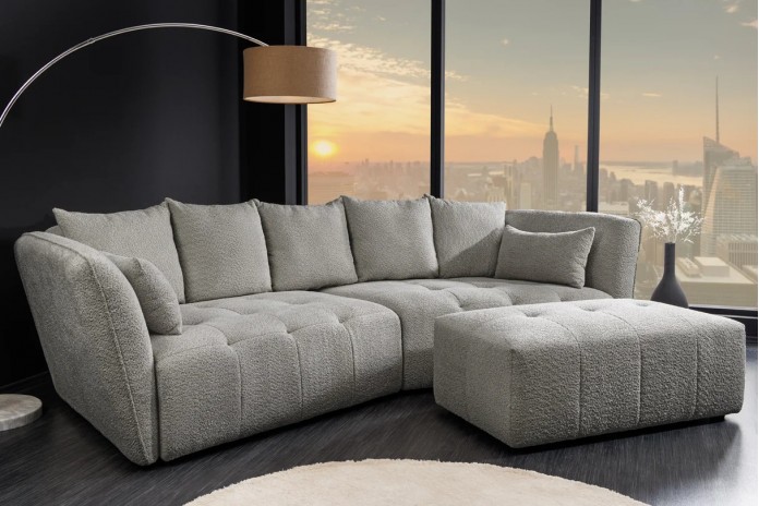Canapé XL MAJESTA 295 cm en tissu bouclé gris – Déhoussable, avec ressorts ensachés pour un confort premium