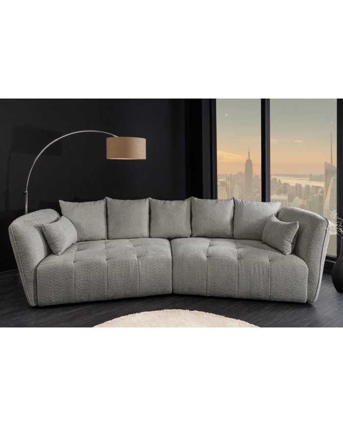 Canapé XL MAJESTA 295 cm en tissu bouclé gris – Déhoussable, avec ressorts ensachés pour un confort premium