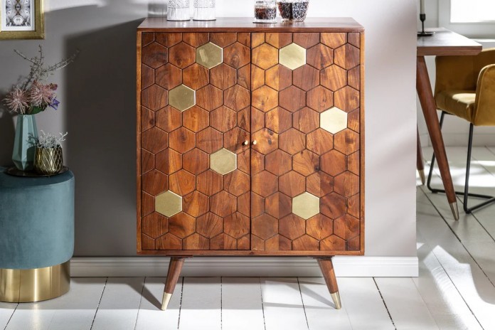 Meuble bar en bois massif d'acacia 75 cm avec touche doré RUSTIC RYTHM