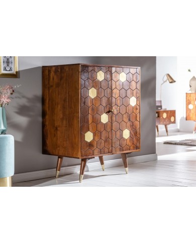 Meuble bar en bois massif d'acacia 75 cm avec touche doré RUSTIC RYTHM