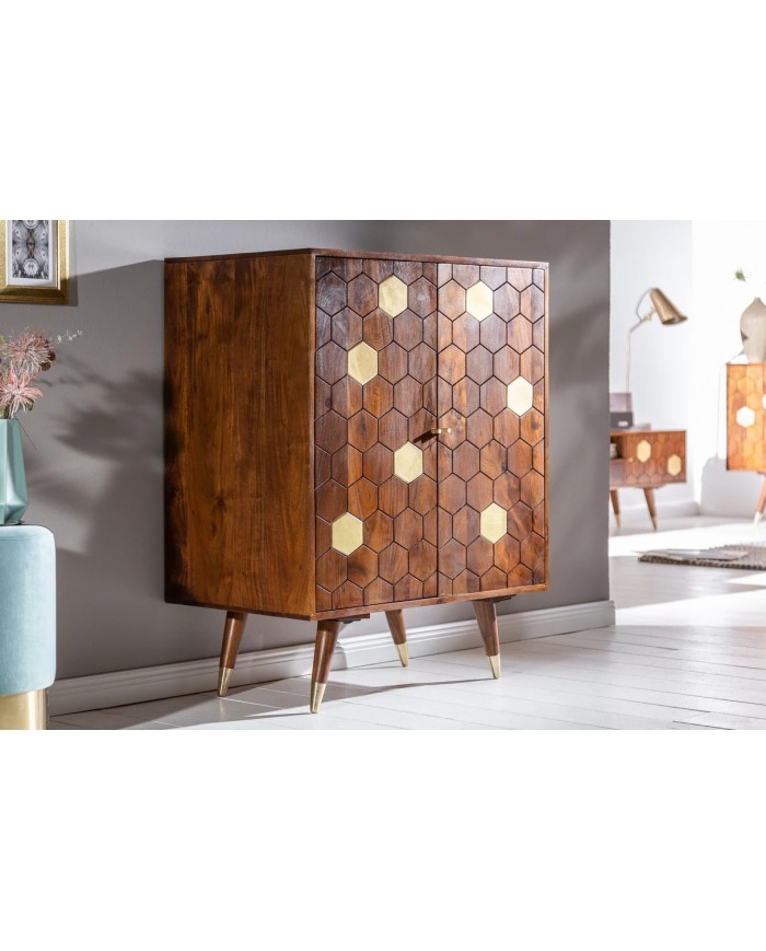Meuble bar en bois massif d'acacia 75 cm avec touche doré RUSTIC RYTHM