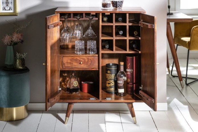Meuble bar en bois massif d'acacia 75 cm avec touche doré RUSTIC RYTHM