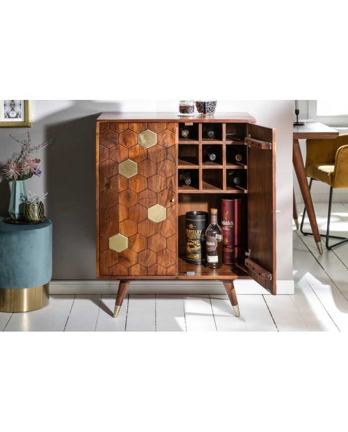 Meuble bar en bois massif d'acacia 75 cm avec touche doré RUSTIC RYTHM