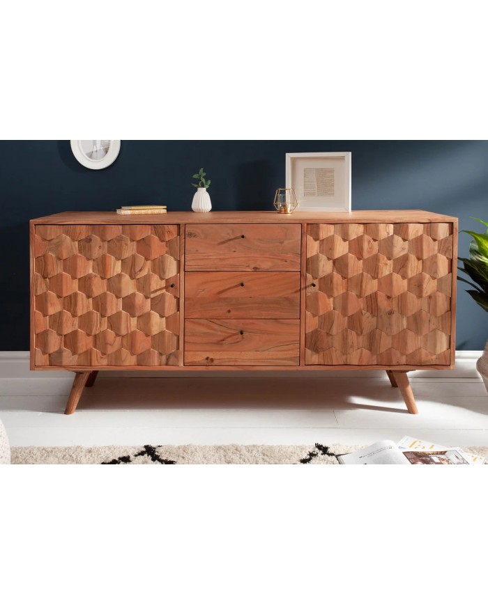 Commode buffet 3 tiroirs et 2 portes 145 cm en bois massif d’acacia naturel RUSTIC RYTHM