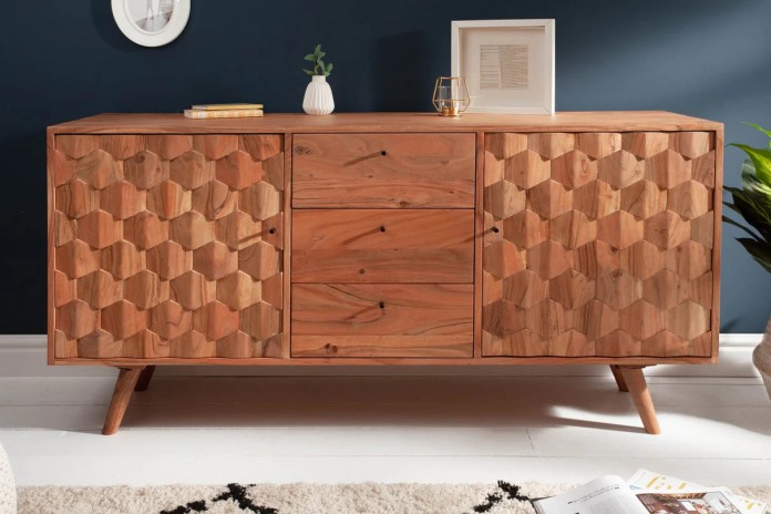 Commode buffet 3 tiroirs et 2 portes 145 cm en bois massif d’acacia naturel RUSTIC RYTHM