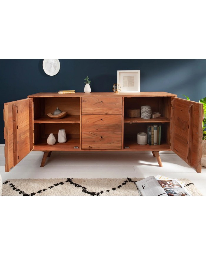 Commode buffet 3 tiroirs et 2 portes 145 cm en bois massif d’acacia naturel RUSTIC RYTHM