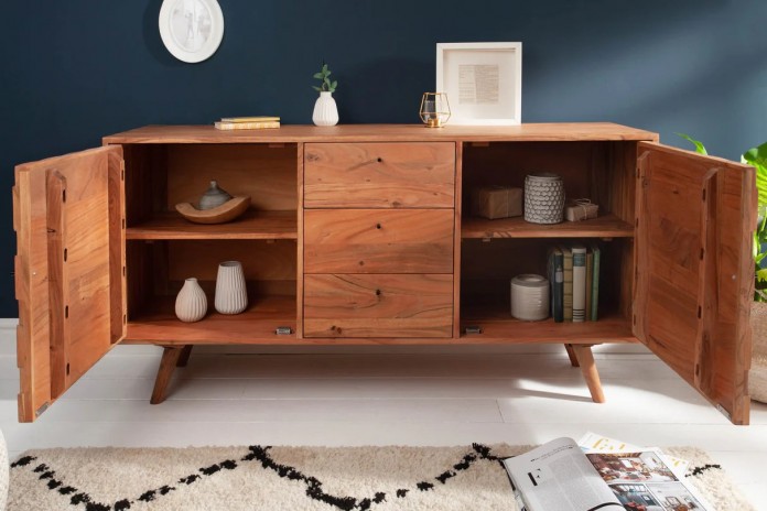 Commode buffet 3 tiroirs et 2 portes 145 cm en bois massif d’acacia naturel RUSTIC RYTHM
