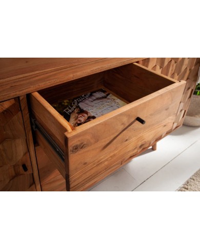 Commode buffet 3 tiroirs et 2 portes 145 cm en bois massif d’acacia naturel RUSTIC RYTHM
