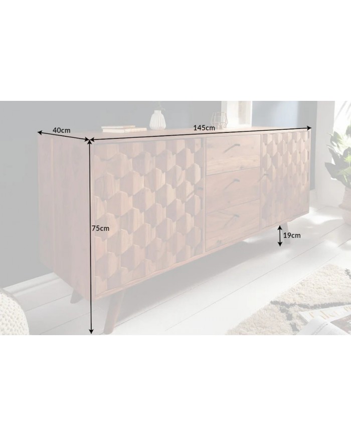 Commode buffet 3 tiroirs et 2 portes 145 cm en bois massif d’acacia naturel RUSTIC RYTHM