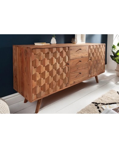 Commode buffet 3 tiroirs et 2 portes 145 cm en bois massif d’acacia naturel RUSTIC RYTHM