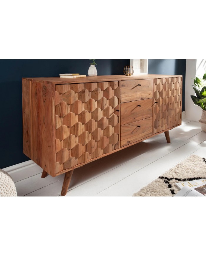 Commode buffet 3 tiroirs et 2 portes 145 cm en bois massif d’acacia naturel RUSTIC RYTHM