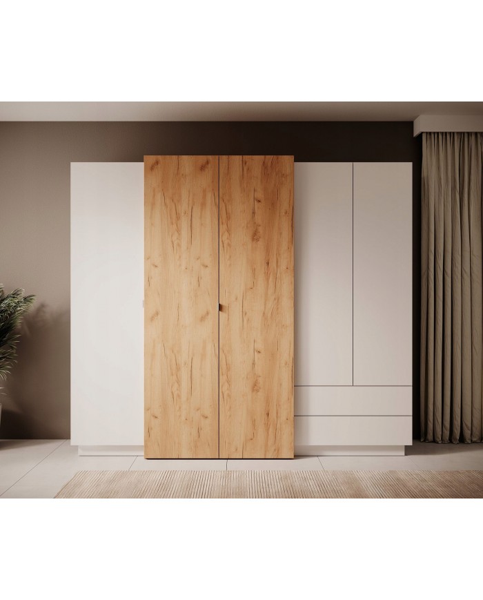 CHAMBRE COMPLÈTE Lit à coffre relevable + sommier + 2 tables de nuit intégrées + grande armoire + COMMODE OFFERTE ! DETROIT