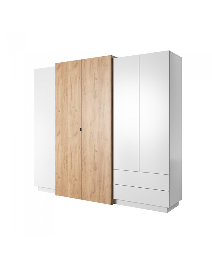 CHAMBRE COMPLÈTE Lit à coffre relevable + sommier + 2 tables de nuit intégrées + grande armoire + COMMODE OFFERTE ! DETROIT