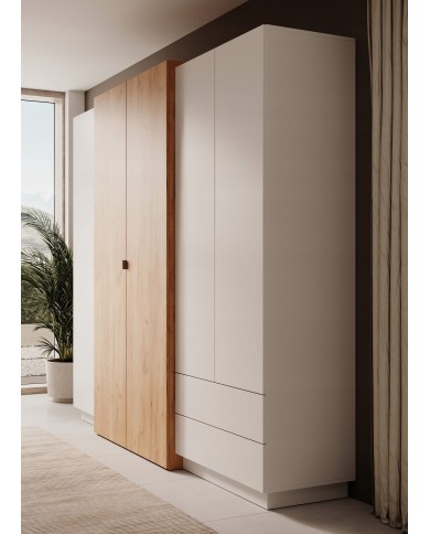 CHAMBRE COMPLÈTE Lit à coffre relevable + sommier + 2 tables de nuit intégrées + grande armoire + COMMODE OFFERTE ! DETROIT