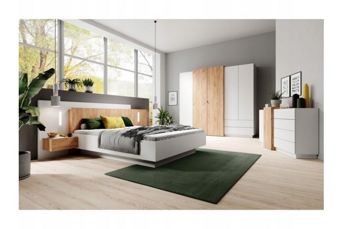 Chambre Scandi Zen  Lit à coffre relevable + sommier + 2 tables de nuit intégrées + commode 4T
