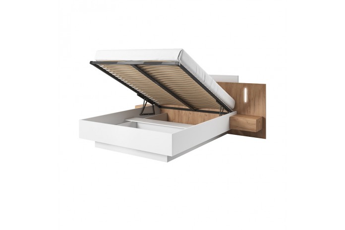 Chambre Scandi Zen  Lit à coffre relevable + sommier + 2 tables de nuit intégrées + commode 4T