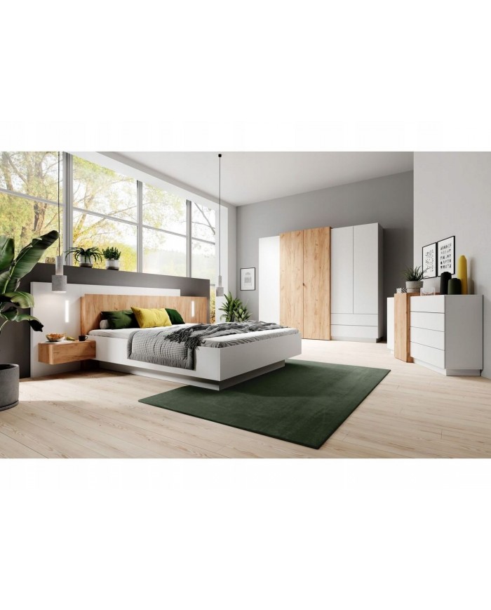 Chambre Scandi Zen  Lit à coffre relevable + sommier + 2 tables de nuit intégrées + commode 4T