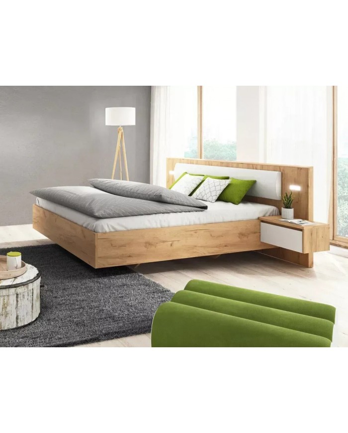 Lit avec tête de lit capitonnée et table de chevets avec LEDs intégrées 160x200 cm  Lexo