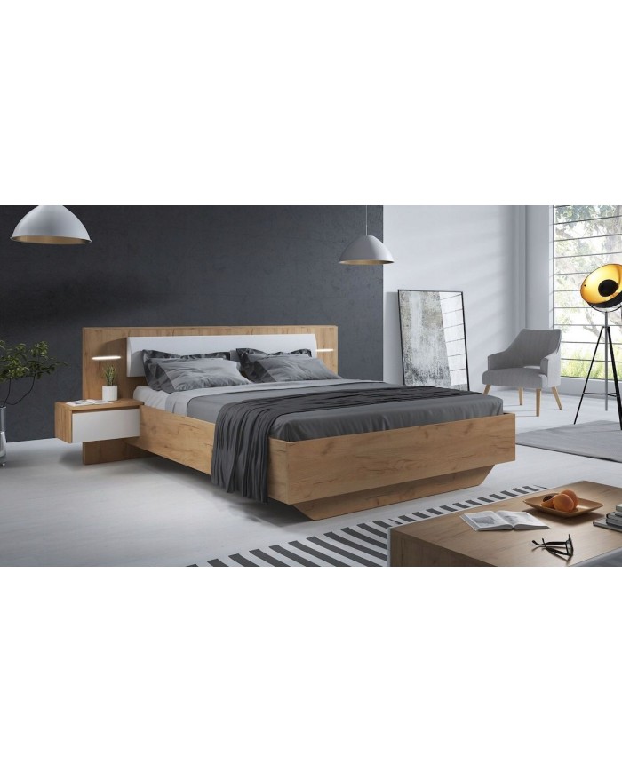 Lit avec tête de lit capitonnée et table de chevets avec LEDs intégrées 160x200 cm  Lexo