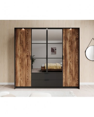 Armoire penderie étagères 4 portes et 2 tiroirs avec miroirs et LEDs 220 cm - Milton