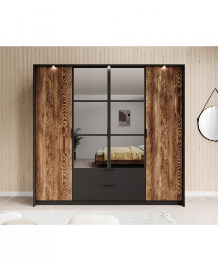 Armoire penderie étagères 4 portes et 2 tiroirs avec miroirs et LEDs 220 cm - Milton