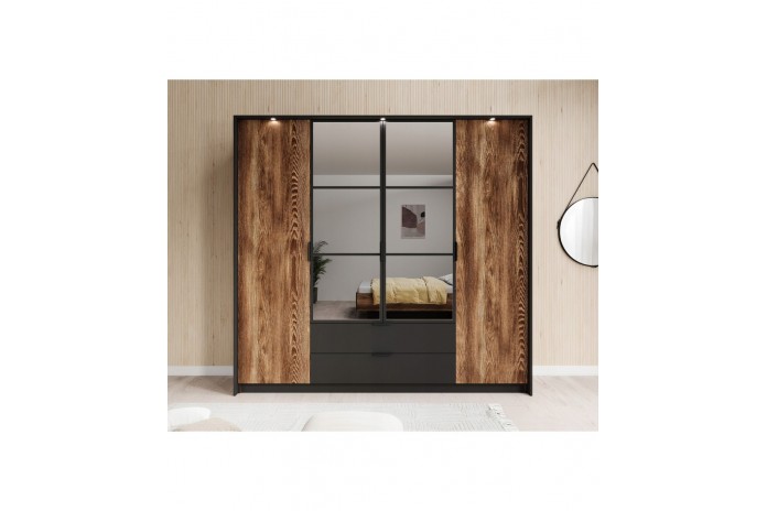 Armoire penderie étagères 4 portes et 2 tiroirs avec miroirs et LEDs 220 cm - Milton