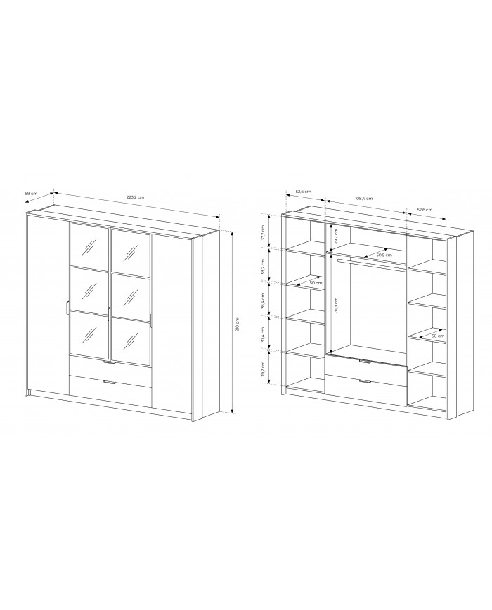 Armoire penderie étagères 4 portes et 2 tiroirs avec miroirs et LEDs 220 cm - Milton