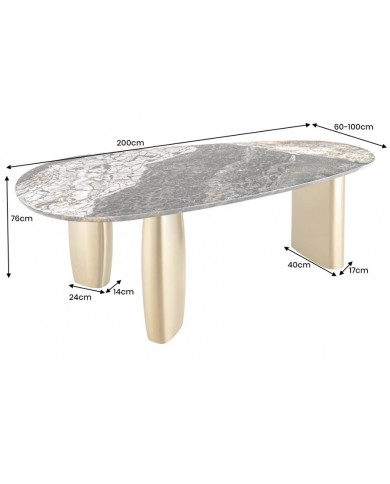Table à manger design ovale 200 cm en marbre multicolore et pieds dorés MARBELLIA