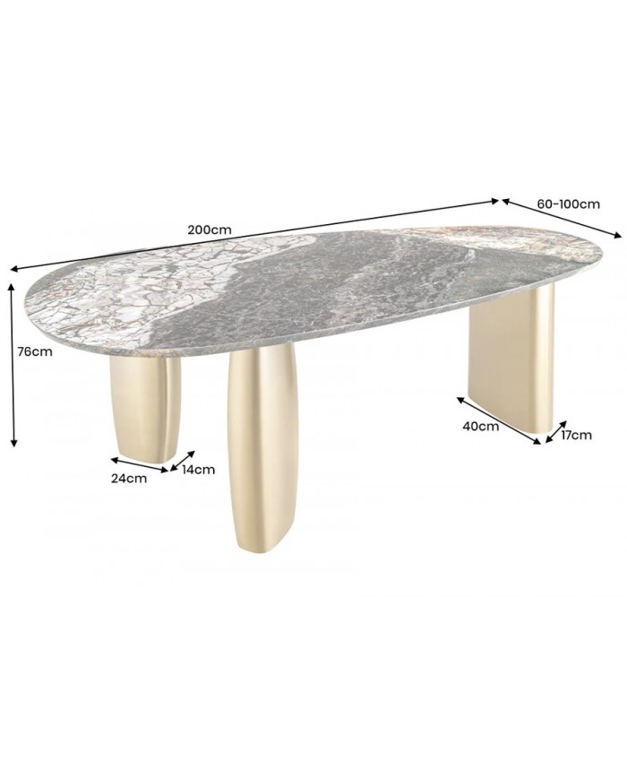 Table à manger design ovale 200 cm en marbre multicolore et pieds dorés MARBELLIA