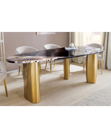 Table à manger design ovale 200 cm en marbre multicolore et pieds dorés MARBELLIA