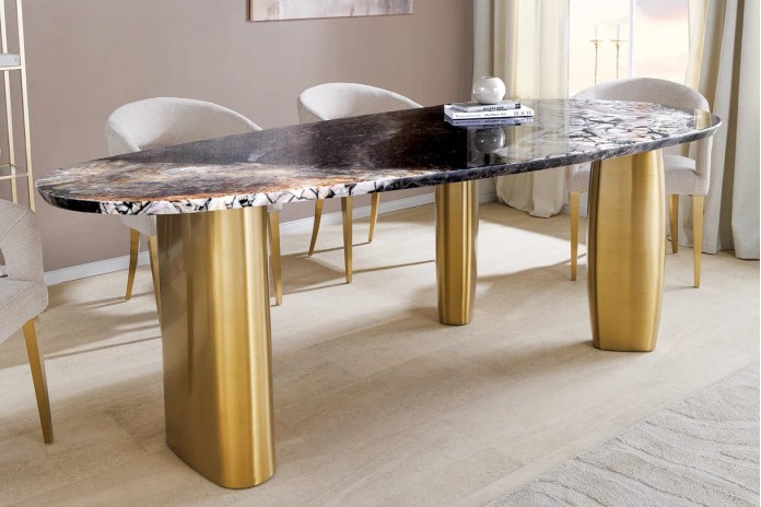 Table à manger design ovale 200 cm en marbre multicolore et pieds dorés MARBELLIA